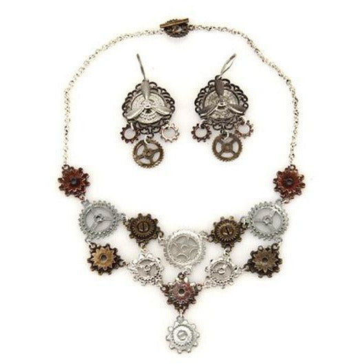 Steampunk Multi Gear Necklace and Earring Set - Make It Up Costumes 