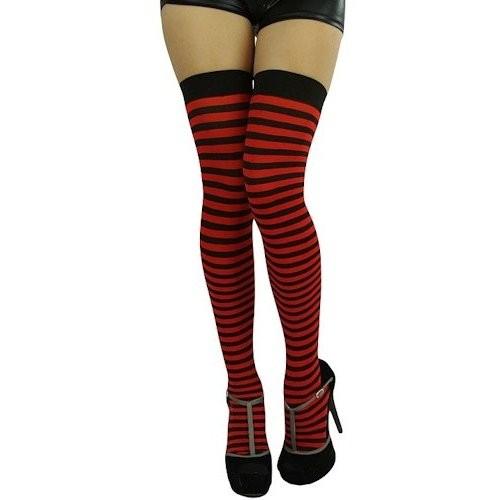 Red and Black Opaque Striped Thigh Highs - Make It Up Costumes 